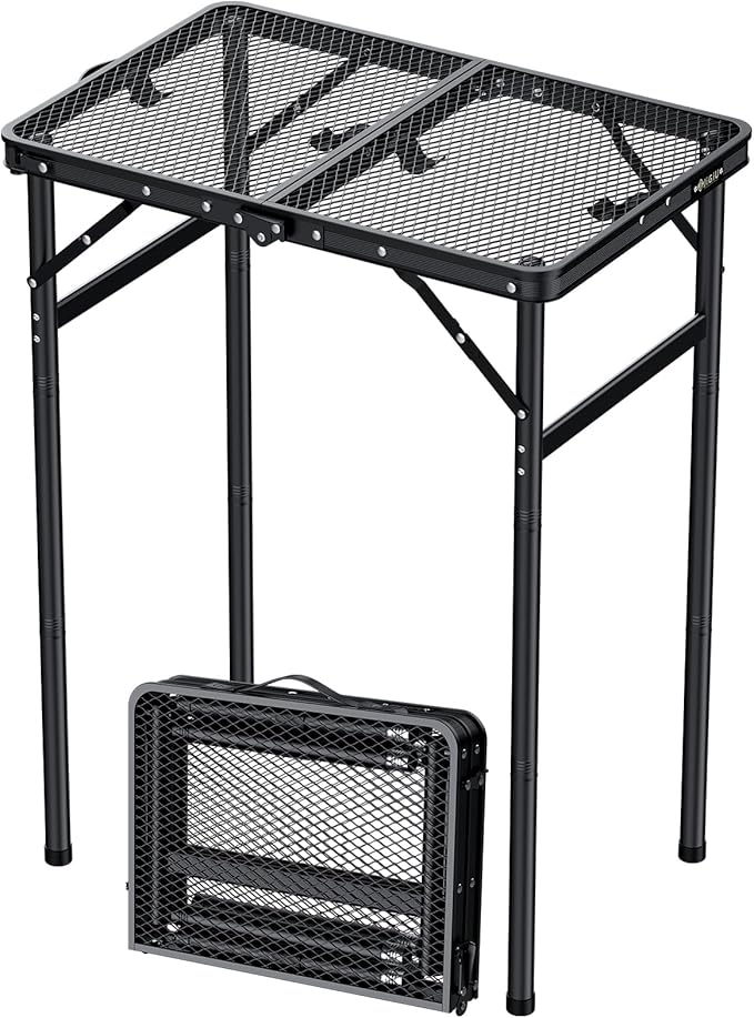 JiGiU Folding Grill Table with Mesh Desktop Lightweight & Portable Camping Table Outdoor Grill Tables Aluminum Alloy Foldable Grill Table 3 Height Adjustable for Camping Picnic Cooking BBQ