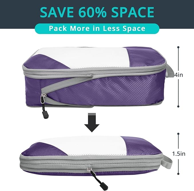 Compression Packing Cubes 6 Set, Compressible Space-Saving Packing Cubes for Travel - Compression Bags, Luggage Organizer, Travel Essentials for Women, Purple