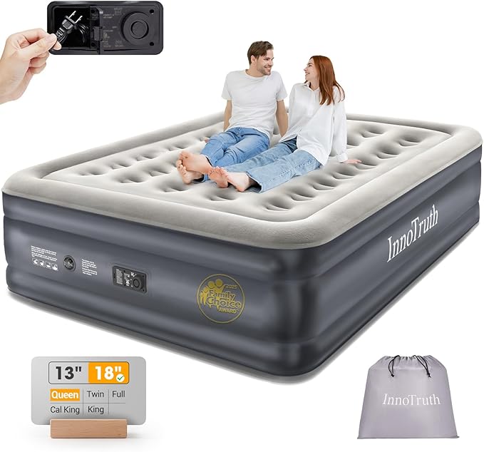 InnoTruth Air Mattress Queen with Built in Pump, Inflatable Mattress Blow up Mattress, Family Choice Award Winner, 18" Colchones Inflables Foldable Air Bed for Guest & Home, Ideal for Camping, 650lbs
