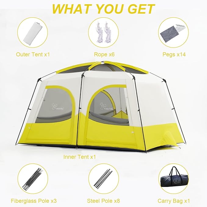 Vidalido Tents，3-4 Person Camping Tent with Extended Vestibule，Weather Resistant Family Tents with Breathable Mesh Windows，Easy Install Waterproof Outdoor Tent for Backpacking and Camping Hiking