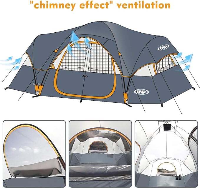 UNP Camping Tent 10-Person-Family Tents, Parties, Music Festival Tent, Big, Easy Up, 5 Large Mesh Windows, Double Layer, 2 Room, Waterproof, Weather Resistant, 18ft x 9ft x78in