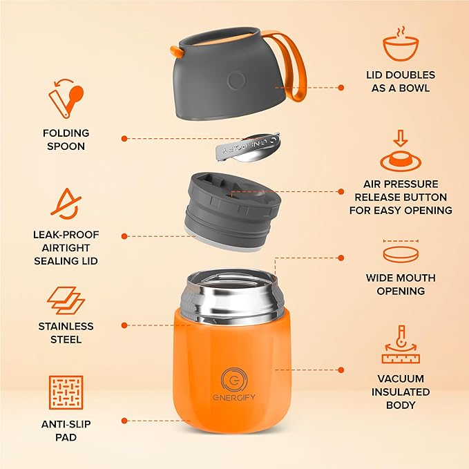 ENERGIFY Vacuum Insulated Food Jar. Large 17oz Bowl incl. Folding Spoon, Cup. Wide Mouth Keep Hot & Cold Drinks Soup Lunch Container for Adults. BPA-Free Stainless Steel, Leak Proof Orange