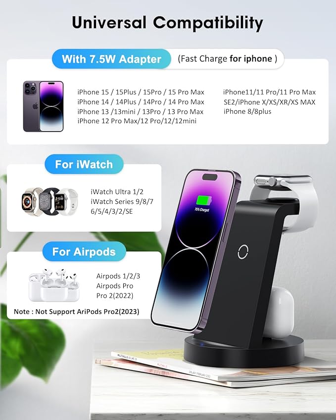 3 in 1 Charging Station for Apple Device, Wireless Charger for iPhone 16e 16 15 14 13 12 11 Pro Max & Apple Watch iwatch- Charging Stand Dock for AirPods