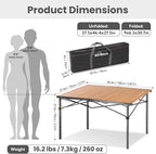 Large 46.4" Camping Table for 2-6 People - 220lbs Capacity Heavy Duty Foldable Outdoor Table with Aluminum Roll-Up Top & Carry Bag, Portable Picnic Desk for BBQ, Tailgating, Backyard (Natural)
