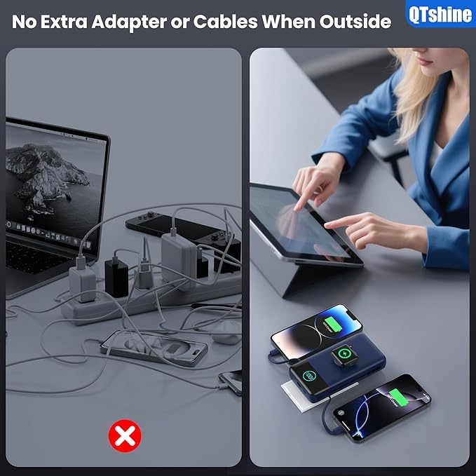 Portable Charger 40800mAh Power Bank with Built-in Cables,Wall Plug and iWatch Charger,6-in-1 QC4.0+25W PD USB C Fast Phone Charging,LCD Display Battery Pack for iPhone 16/15,Apple Watch,Galaxy-Navy