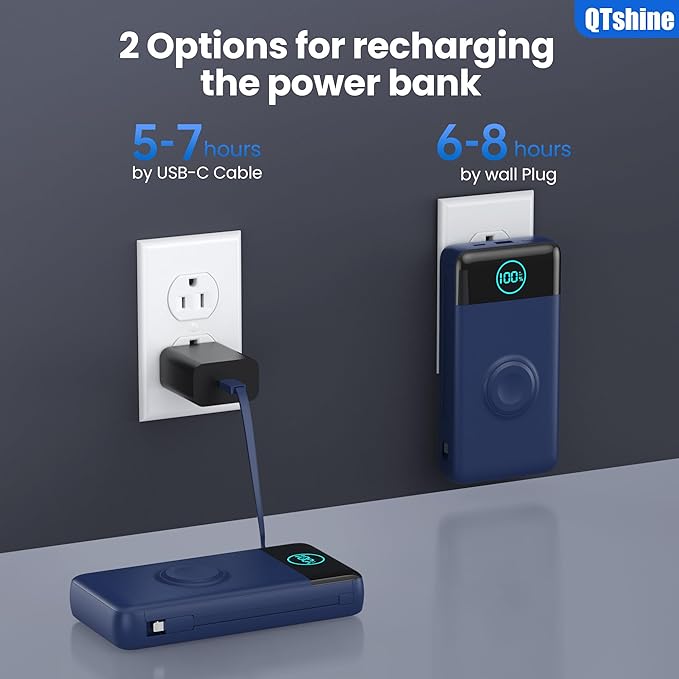 Portable Charger 40800mAh Power Bank with Built-in Cables,Wall Plug and iWatch Charger,6-in-1 QC4.0+25W PD USB C Fast Phone Charging,LCD Display Battery Pack for iPhone 16/15,Apple Watch,Galaxy-Navy