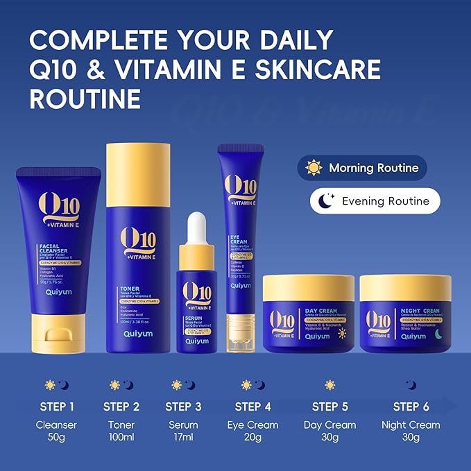 QUIYUM Q10 & Vitamin E Complete Skincare Set – 6-Step Daily Routine with Cleanser, Toner, Serum, Eye Cream, Day & Night Moisturizer – Hydrating, Firming, Radiant Skin Care Kit for All Skin Types