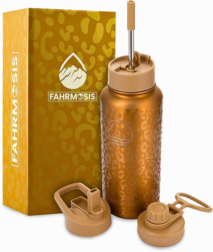 32 Oz Water Bottle with Straw Stainless Steel Sports Water Bottle with 3 Lids (Straw, Chug & Flip Lid) 1 Liter Leak Proof Insulated Metal Jug for Men & Women - Gold Leopard