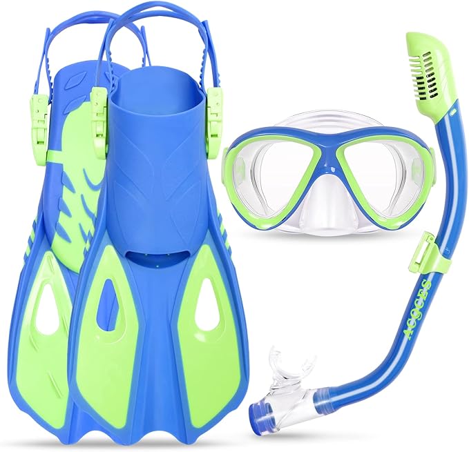 Snorkeling Gear for Kids Ages 5-15, 4 in 1 Mask Fins Snorkel Set with HD Tempered Glass Panoramic View Anti-Fog Mask, Dry Top Snorkel, Adjustable Trek Fins, and Mesh Bag, Kids Snorkel Set for Youth