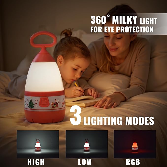 Kids Camping Lantern & Night Light Battery Powered, 360° Eye-Safe Light (AAA Included), IPX4 with RGB Modes Portable for Outdoor, Emergency , Gift for Children (Christmas 2 Pack)