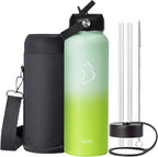 BUZIO 40oz Insulated Water Bottle, Triple Wall Stainless Steel Water Flask with 2 lids, Leakproof BPA-Free Straw Lid Sports Canteen for Sports Hiking, Cold 48H & Hot 24H- Gradient Green