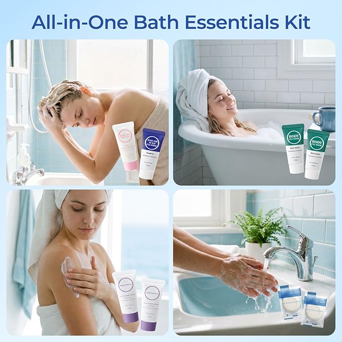 Individually Wrapped Toiletries Set Bulk, Travel Size 0.7 Fl oz Mini Body Wash Body Lotion Shampoo 2-in-1 Hair Wash & Conditioner 0.53 oz Bars Soap Toiletry Amenities for Hotel/Homeless (Pack of 10)