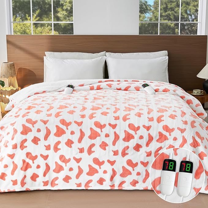 Cow Print Electric Heated Blanket Queen Size,84X90 Pink Heating Blanket Queen with Dual Control&Timer&10 Heat Levels,Cute Cow Decor Sherpa Blankets Warmer Gifts for Bed Women Adults,ETL
