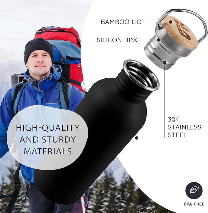 Bambaw Stainless Steel Water Bottle, Black Sports Bottle, Non-Insulated Water Bottle, 1L Stainless Steel, Reusable Bottle, Metal Bottle, BPA-Free – Onyx Black