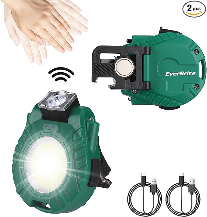 EverBrite 2 Pack COB Keychain Work Light, Mini Rechargeable Magnetic Keychain Light, Sensor Mode, Multifunctional Small Keychain Flashlights, Portable, Waterproof, for Camping, Hiking, 6 Modes, Green