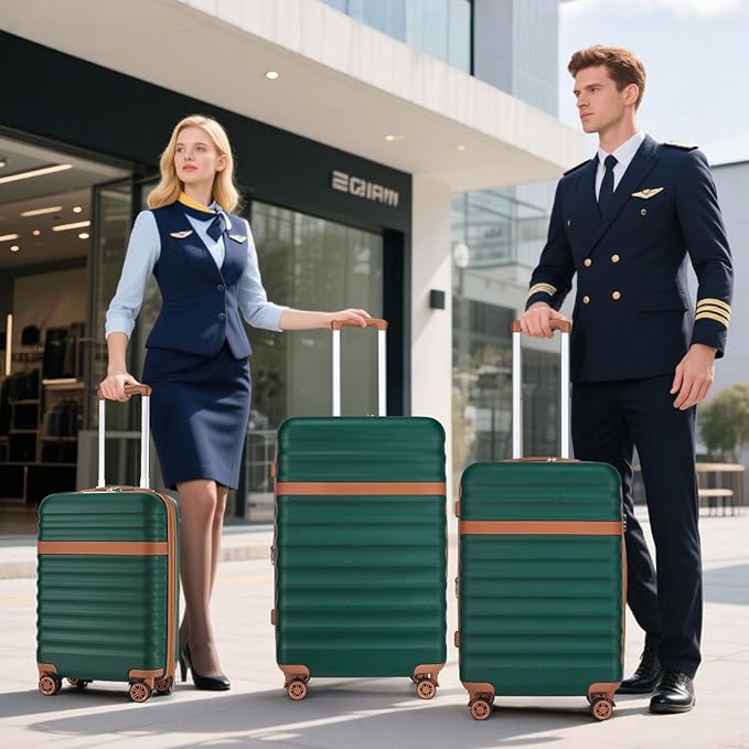 Kono Luggage Set 3 Pieces Expandable PC ABS Durable Suitcase Hardside with Double Spinner Wheels Tsa Lock Green(20in/24in/28in)