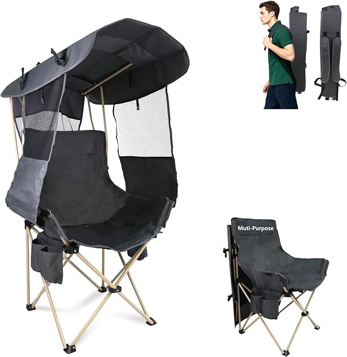 Folding Camping Chairs Canopy Outdoor: Sports Portable Beach Chair with Canopy-Lawn Beach Chairs with Umbrella for Adults-Camping Chair with Shade for Fishing Camp Heavy Duty (Regular, Grey)