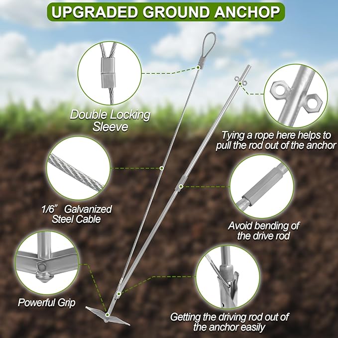Ground Earth Anchors for Shedswith Drive Rod Tool, 35" x 1/8" Galvanized Cable for Securing Camping Tents, Swing Set, Green House, (12 Pack) Single Layer Earth Anchors for Trapping