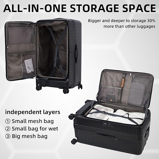 2 pieces 20/29 Aluminum Frame Carry On and Checked Luggage Set with Side Opening, Lightweight Hardshell ABS+PC Trunk Suitcase with TSA Lock, 360° Universal Wheels & Adjustable Handle, Black