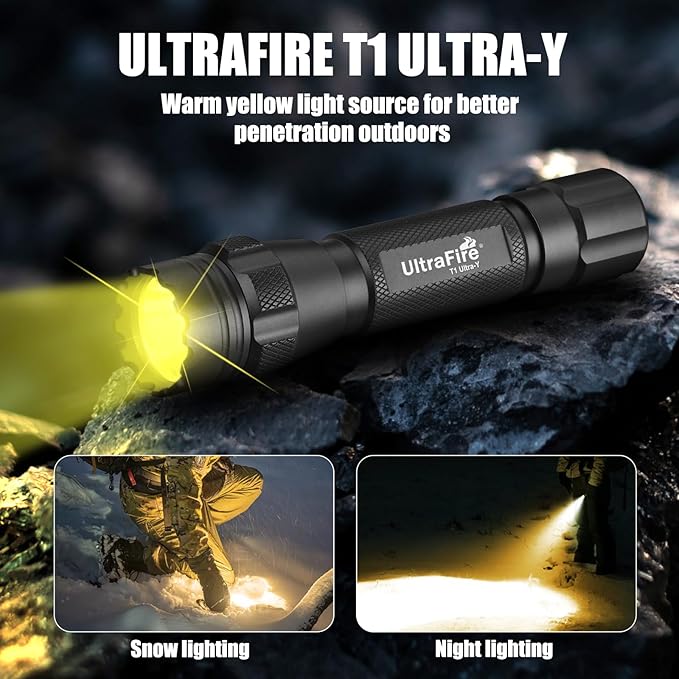 ULTRAFIRE 1000 Lumen Single-Mode Warm Light Flashlight - Bright 3000K Amber Light Flashlight, Designed for Camping Night Vision, Haze Conditions Yellow LED Flashlight T1 Ultra-Y