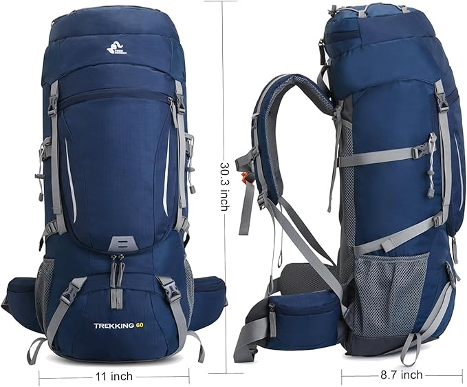 Bseash 60L Waterproof Hiking Camping Backpack with Rain Cover, Lightweight Outdoor Sport Travel Daypack for Climbing Touring (Blue)