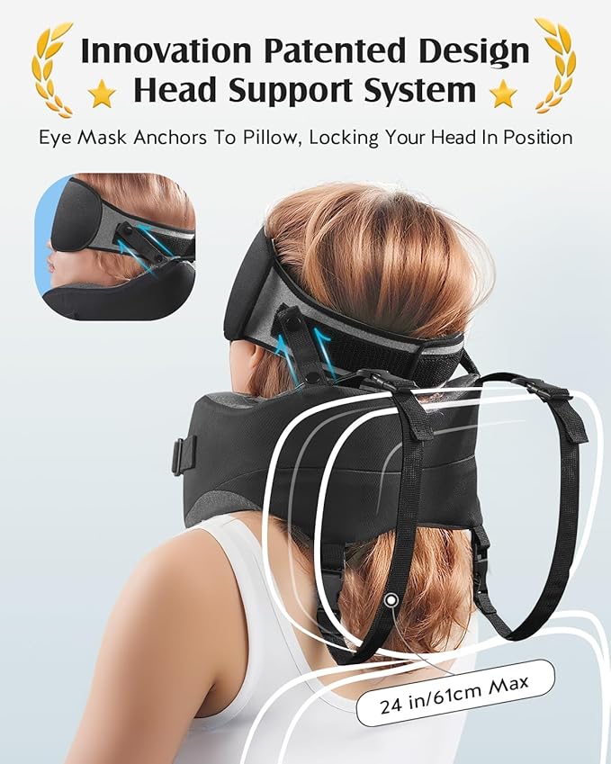 YFONG Travel Pillow for Long Flight Airplane, Head Strap Combo with 3D Contoured Sleep Eye Mask, Neck Pillow for Travel Essential, 360° Support Memory Foam Headrest, Prevent Bobbing, Drawstrap - Black