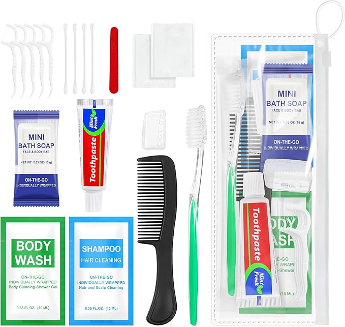 10 Sets Personal Hygiene Kit Bulk,10-IN-1 Green Individually Wrapped Disposable Travel Toothbrushes and Hotel Vanity Set Basic Toiletry Supplies for Homeless,Guests,Charity
