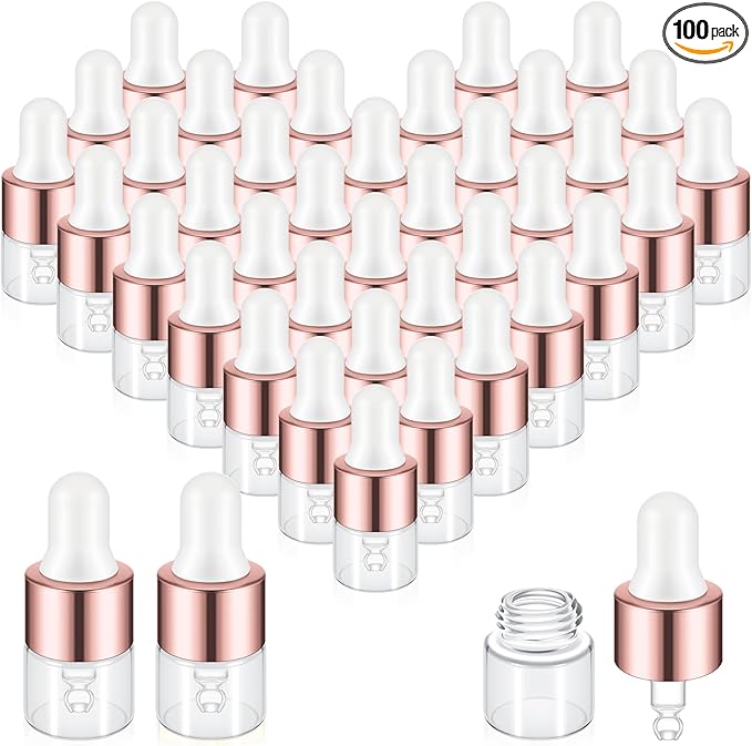 100 Pcs Mini Glass Oil Dropper Bottle Bulk, Clear Essential Small Empty Bottles Sample Containers Perfume Liquid Vials with Cap for Traveling (1 ml,Rose Gold)