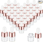 100 Pcs Mini Glass Oil Dropper Bottle Bulk, Clear Essential Small Empty Bottles Sample Containers Perfume Liquid Vials with Cap for Traveling (1 ml,Rose Gold)