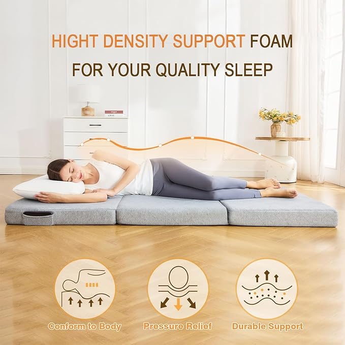 Trifold Mattress Full，6 Inch Folding Mattress Twin,Foldable Mattress,Tri Folding Mattress Removable and Washable with Handles and Non-Slip Bottom for RV/Camping/Guest Room, 73" x 52" x 6"