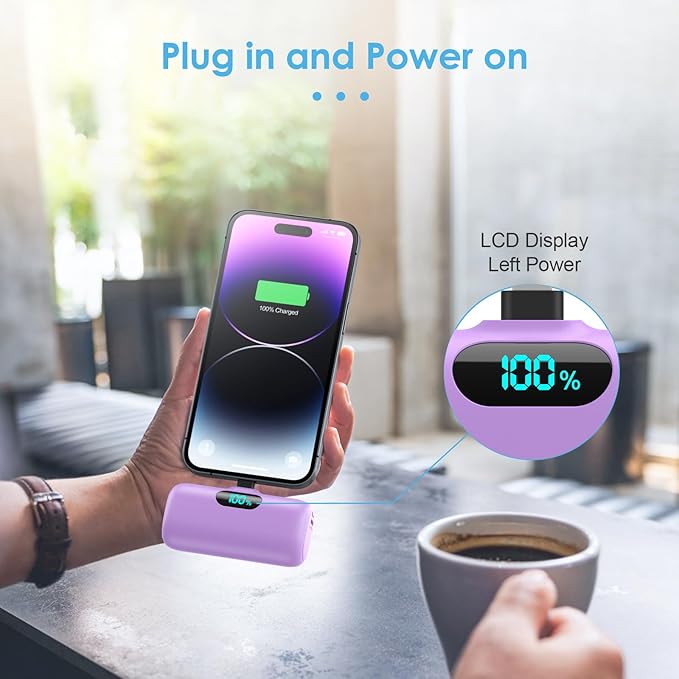 Mini Portable Charger USB C Power Bank,Upgraded 5000mAh PD Fast Charging Battery Pack Built-in USB-C Connector,LCD Display,Compatible with iPhone16,16 Plus,16Pro/Max/15,iPad Pro/Air (Deep Purple)