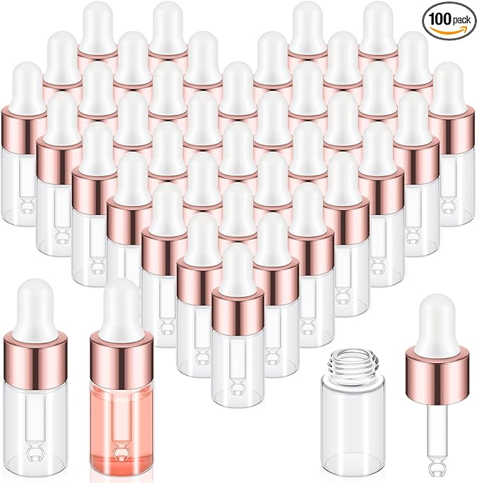 100 Pcs Mini Glass Oil Dropper Bottle Bulk, Clear Essential Small Empty Bottles Sample Containers Perfume Liquid Vials with Cap for Traveling (3 ml,Rose Gold)