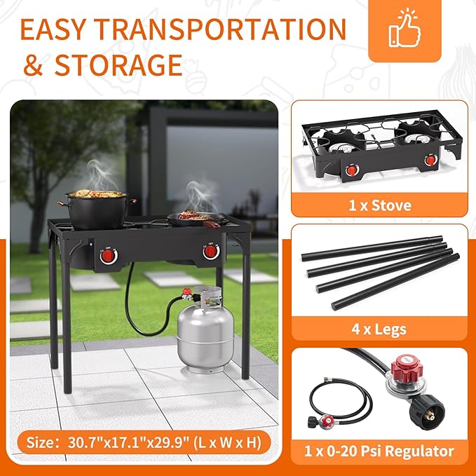 2 Burner Gas Stove, High Pressure Outdoor Propane Burner with Detachable Legs, 150,000 BTU Camping Stove Outdoor Burner with 0-20 PSI Regulator for Camping, Backyard, Outdoor Cooking