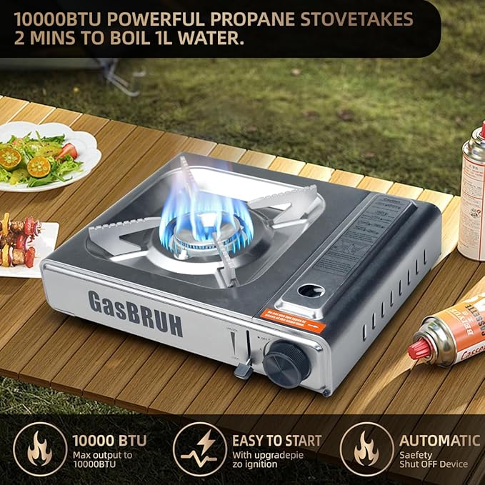 1-Burner Butane Camping Stove with Windblocker,10000 BTU Portable Camp Gas Stove for Outdoor Cooking,Camping,Tailgating, Stainless Steel Single Burner with Carry Case