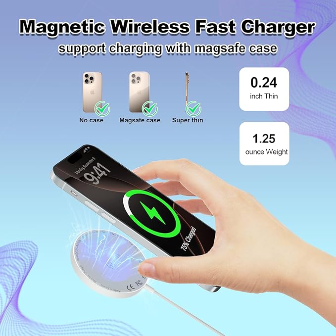 [Apple MFi Certified] Magnetic Wireless Charger Apple MagSafe Charger 6FT Fast Wireless Charging Pad 15W Magnetic Charger for iPhone 17 16 15 14 13 12 11 Pro Max Plus/AirPods 2 3 4 Pro 2 3 [2 Pack]