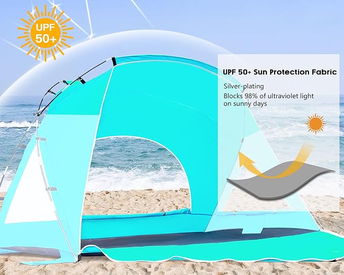 Beach Tent, Portable Sun Shelter for 2/3/4/6-8 Person with UPF 50+ UV Protection, Easy Setup Waterproof Beach Shade Canopy Cabana for Family Outdoor and Picnics, Fishing with Carrying Bag