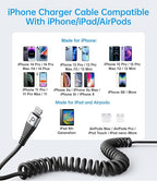 Coiled Lightning Cable 3ft, 2 Pack iPhone Charger Cable for Car, [Apple MFi Certified] Short Retractable Charging Cord Compatible with iPhone 14/13/12/11 Pro Max/XS MAX/XR/XS/8/iPad/iPod/CarPlay