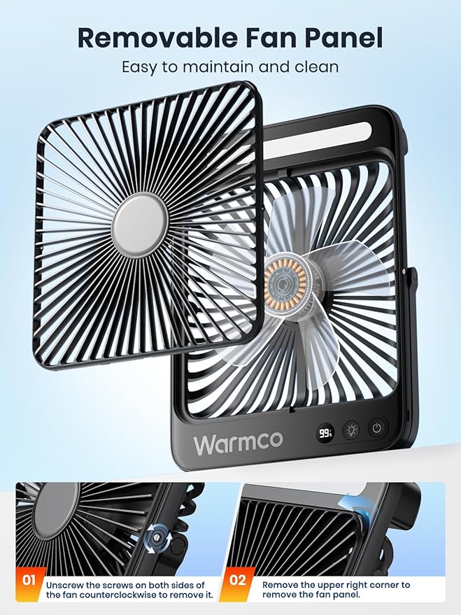 Warmco 20000mAh 8-inch Portable Camping Desk Fan, [15-48H Working Hours] Ultra-thin LED Light Rechargeable Battery Powered Travel Fan for Outdoor, Indoor, Cruise Essentials 2025