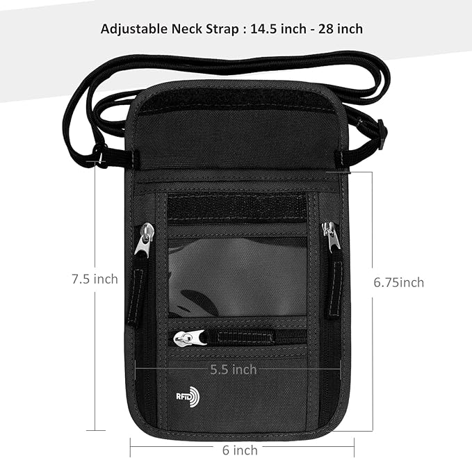 WALNEW Passport Holder Neck Pouch Travel Wallet for Women and Men, RFID Blocking Security Slim Traveling Wallet with Around Neck Lanyard Strap, Black