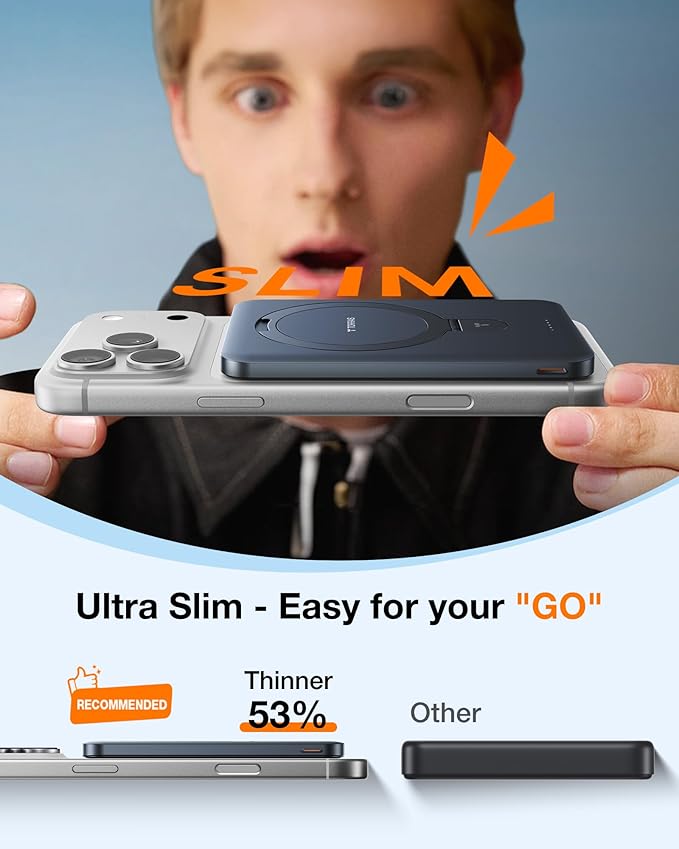 TORRAS EasyGo 0.45" Slim Magnetic Portable Charger Power Bank for iPhone, 5000mAh 22.5W PD Fast Charging Wireless Battery Pack Compatible with Magsafe, iPhone Air,Pro,Pro Max,17,16,15,14,13,12, Black