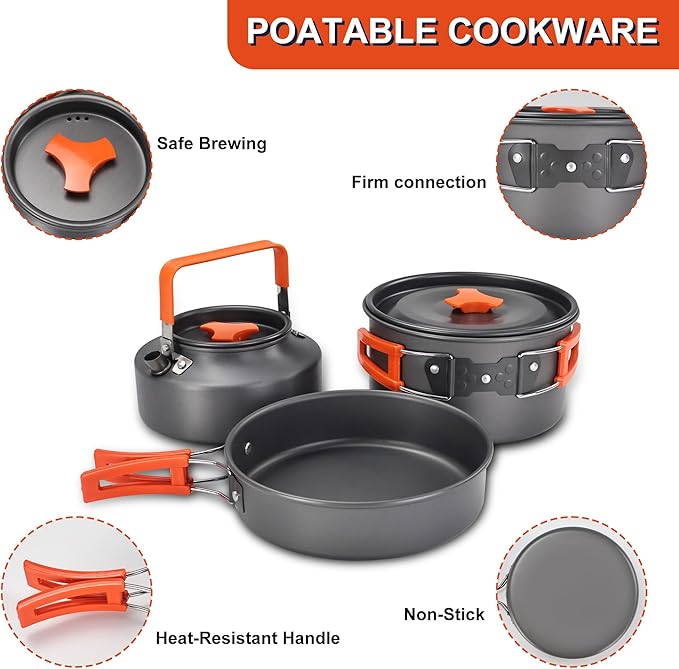 Camping Cooking Cookware Mess Kit - Non-Stick Lightweight Pot Pan Kettle Set with Collapsible Pour Over Coffee Dripper, Outdoor Kitchen Cook Essentials Gear for Camping Hiking Picnic