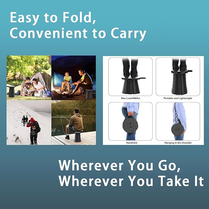 Portable Telescoping Stool, Retractable Folding Stool for Camping Garden Fishing Hiking Travel BBQ, Adjustable Collapsible Stools (Black)