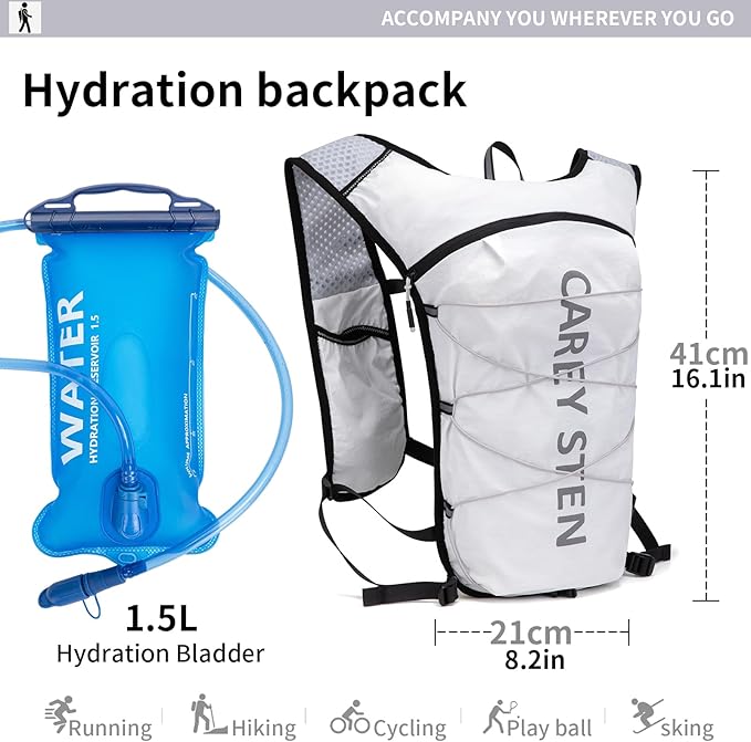 Carey STEN Hydrated Backpack, Running Vest, paired with a 1.5L Water Bag Hiking Backpack, Suitable for Running, Hiking, Marathon, and Both Men and Women