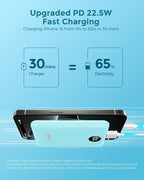 VEEKTOMX Small Portable Charger 10000mAh, Mini Power Bank 22.5W Fast Charging, Slim & Lightweight Travel Essentials, 3-Output External USB C Battery Pack Compatible with iPhone 17 16 15 (Cyan)