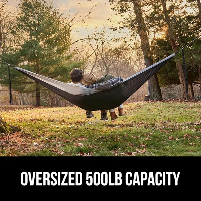 GORILLA GRIP Durable Portable Camping Hammock, Holds 500lbs with Heavy Duty Tree Straps, Comfortable Travel Swing, Camp Hammocks, Easy to Use and Install, Outdoor Essentials, Black, 10x6.5 FT