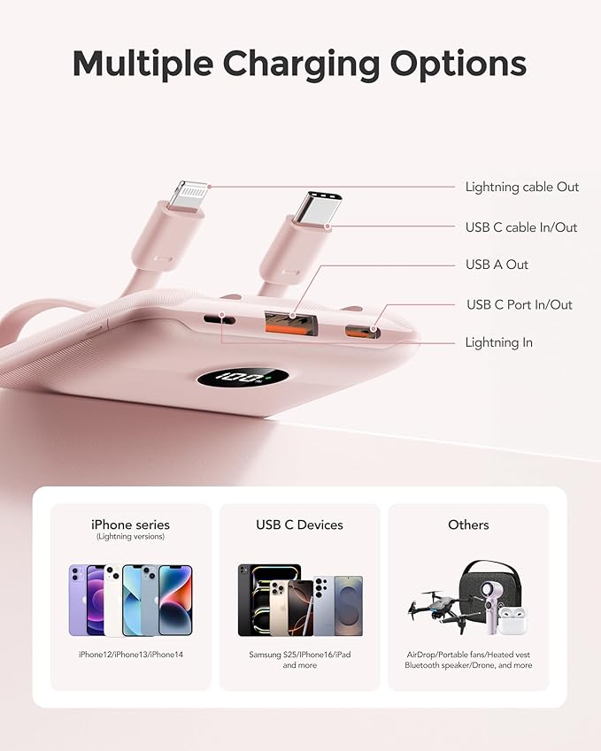 Mini Portable Charger with Built-in Cables 22.5W Fast Charging Power Bank USB-C Small Battery Pack 10000mAh Travel Essential Slim Battery for iPhone 17/16/15/14, Samsung 25/24, and More