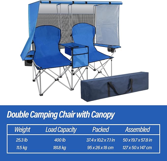 BDL Double Camping Chair with Canopy, Two Person Folding Loveseat with Shade, Heavy Duty Beach Chair with Cooler Bag, Cup Holder for Outside, Fishing, Sports, Beach-Sky Blue