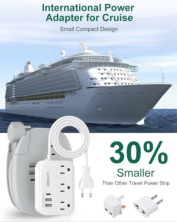 European Travel Plug Adapter, US to UK Europe Power Strip for EU/UK/US with 5ft Extension Cord, 3 USB Ports 3 AC Outlets, International Travel Power Strip, Type C for Europe EU Germany France