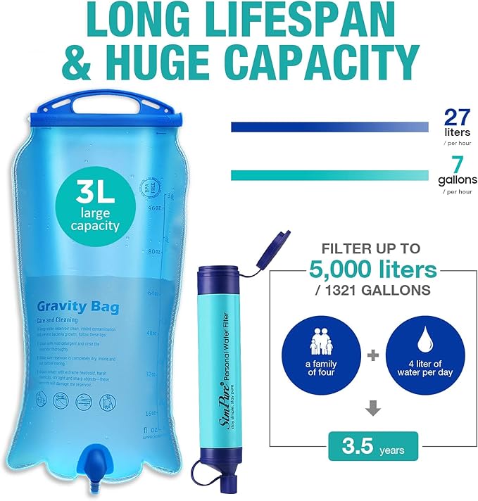 SimPure Gravity Water Filter, Portable Gravity-Fed Water Purifier with 3L Bag, Tree Strap, BPA Free Survival Gear and Equipment for Camping Hiking Emergency Preparedness