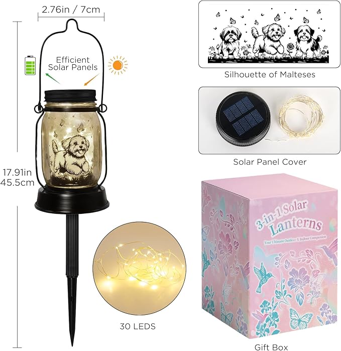 Maltese Dog Gifts for Women/Men Maltese Solar Lanterns Birthday Dog Lovers Lantern Pet Loss Dog Memorial Lights Solar Garden Decoration for Yard, Patio,Backyard,Porch Torches Light